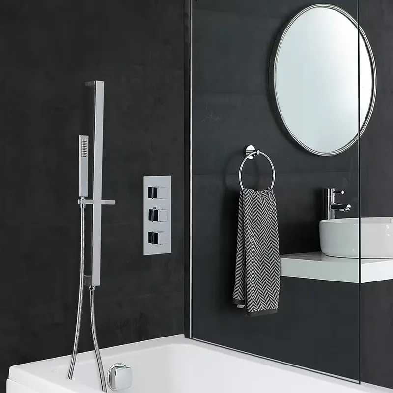 Nuovo Arrivo Kit Doccia con Miscelatore Doccia Termostatico Quadrato Triplo Cromato a 2 Vie con Erogatore per Vasca con Effetto a Cascata e Kit con Asta Saliscendi e Doccetta - Kubix
