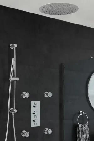 Acquista Ora Kit Doccia Circolare Moderno Completo di Miscelatore Doccia Termostatico Triplo Cromato a 3 Vie con Deviatore Completo di Soffione Doccia Circolare da Incasso da 400mm, Asta Saliscendi con Doccetta e Idrogetti Doccia - Como