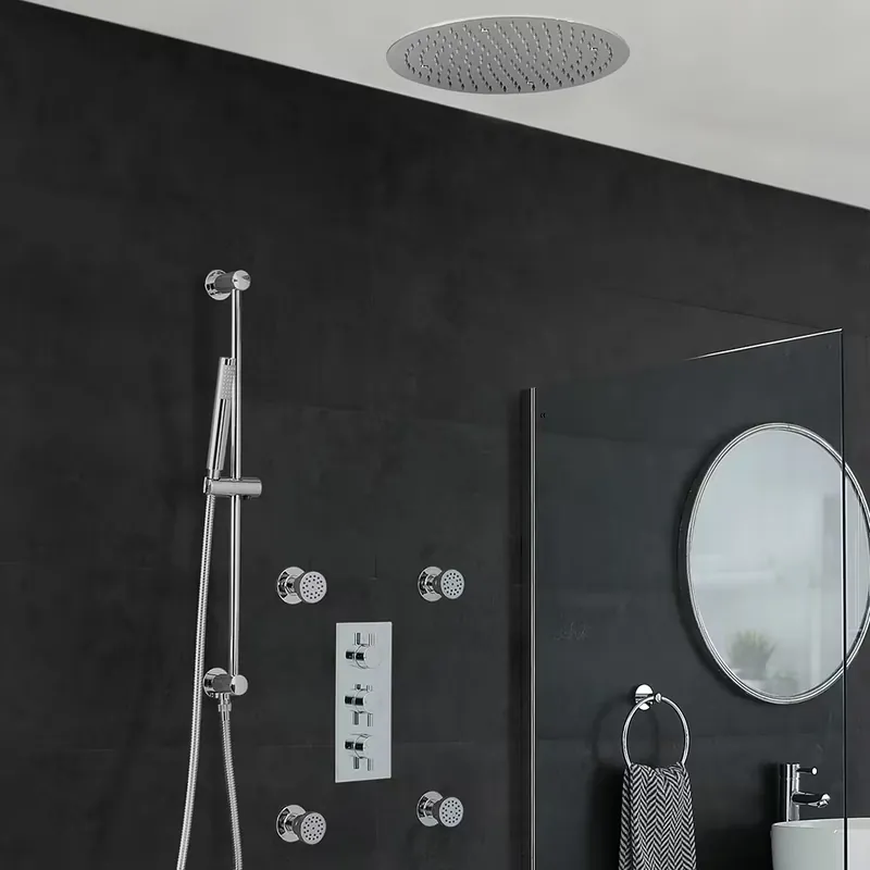 Acquista Ora Kit Doccia Circolare Moderno Completo di Miscelatore Doccia Termostatico Triplo Cromato a 3 Vie con Deviatore Completo di Soffione Doccia Circolare da Incasso da 400mm, Asta Saliscendi con Doccetta e Idrogetti Doccia - Como