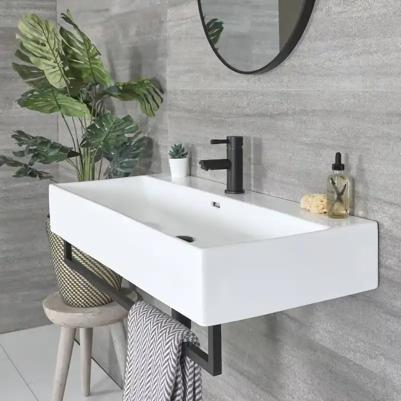 Lavabo Sospeso Bianco Rettangolare con Porta Salviette Nero 750mm x 420mm - Sandford Miglior Prezzo