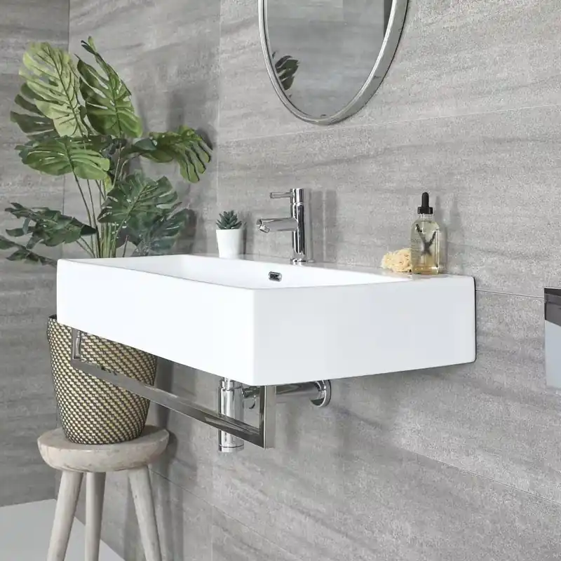Offerta Lavabo Sospeso Bianco Rettangolare con Porta Salviette Cromato 1010mm x 425mm - Sandford