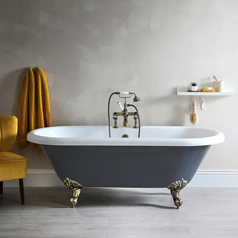 Vasca da Bagno Tradizionale Centro Stanza con Schienale Alto e Piedini Oro Spazzolato – 1795mm x 785mm – Grigio Pietra – Elton Offerta Lampo