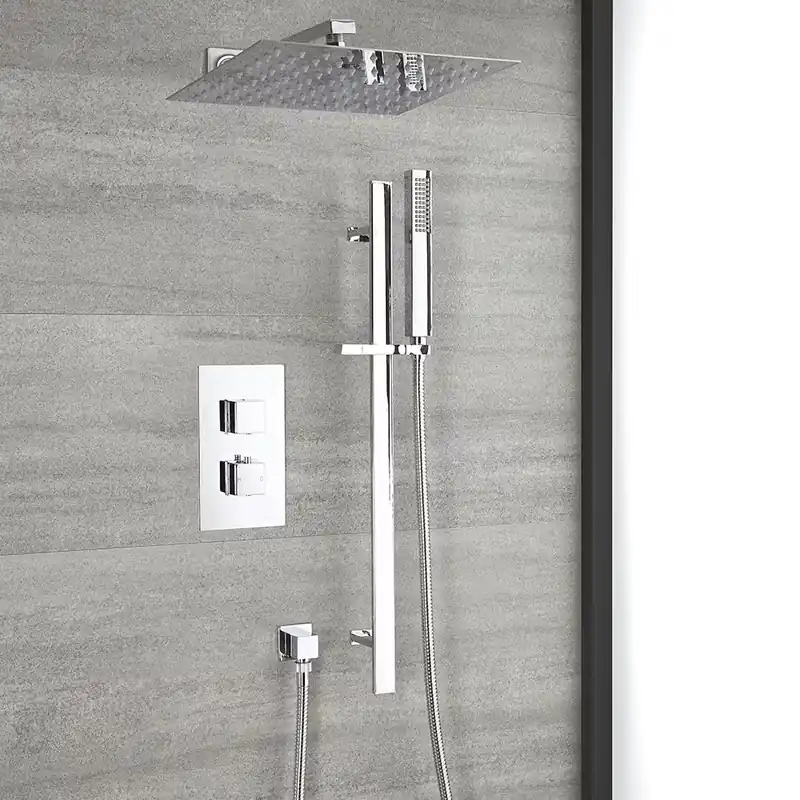 Set Doccia Termostatico a Due Funzioni con Deviatore, Asta Saliscendi, Doccetta e Soffione Doccia - Finitura Cromata - Kubix Saldi