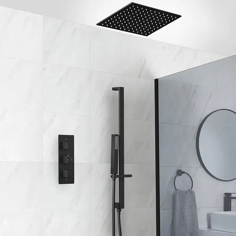 Sistema Doccia Termostatico Nero con Soffione Doccia da Incasso e Asta Saliscendi con Doccetta (2 Vie) - Preto Offerta Speciale