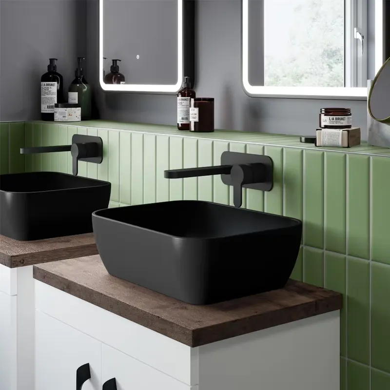 Reso Gratuito Lavabo da Appoggio Quadrato Moderno Nero Opaco - 455 mm x 325 mm (senza Fori per il Rubinetto)