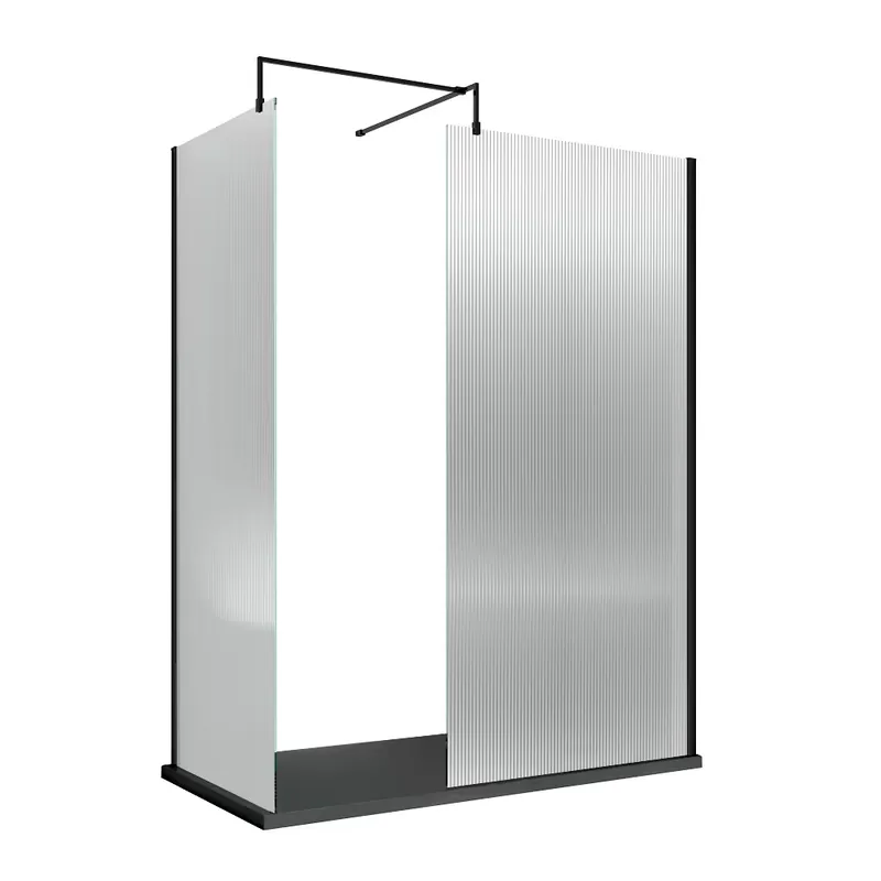 Box Doccia Walk In in Vetro Scanalato con Profilo Nero e Piatto Doccia Effetto Ardesia - Scelta delle Dimensioni e Opzione Anta Paraspruzzi - Hudson Reed Quantità Limitata