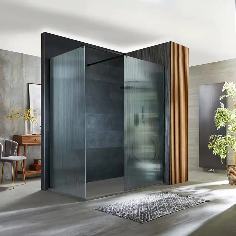 Box Doccia Walk-in Angolare Nero in Vetro Scanalato con con Piatto Doccia Effetto Ardesia - Scelta di Misure - Florence Ordina Subito