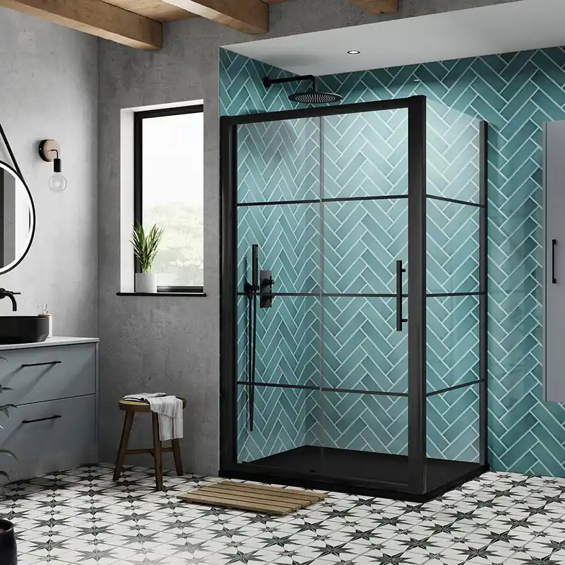 Box Doccia Angolare con Porta Scorrevole Nera e Piatto in Ardesia - Dimensioni a Scelta - Apex Esclusivo