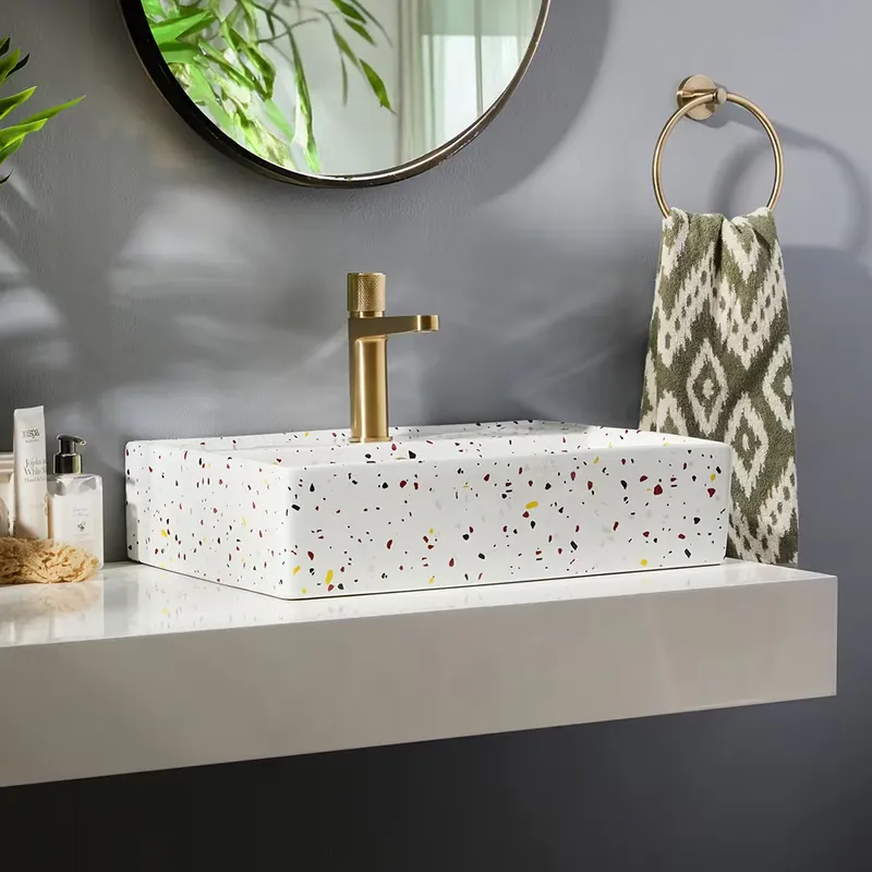 Lavabo Rettangolare da Appoggio Effetto Terrazzo - 500mm x 350mm (1 foro per la Rubinetteria) - Sandford Prezzo Basso