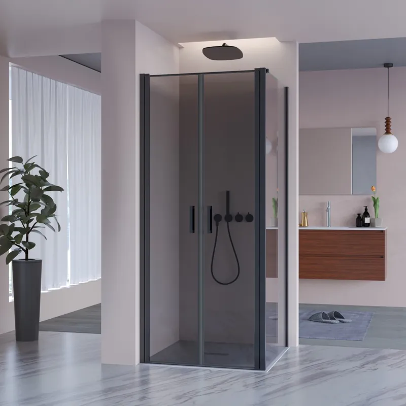 Esclusivo Porta Doccia Saloon cristallo grigio 6mm H200cm con lato fisso profili nero MYLAS