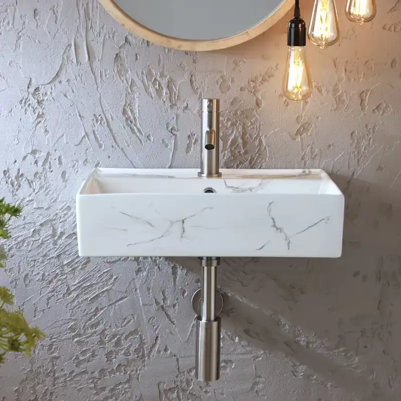 Ordina Subito Lavabo Rettangolare Sospeso ad Effetto Marmo - Bianco - 500mm x 350mm (1 Foro per la Rubinetteria) - Sandford