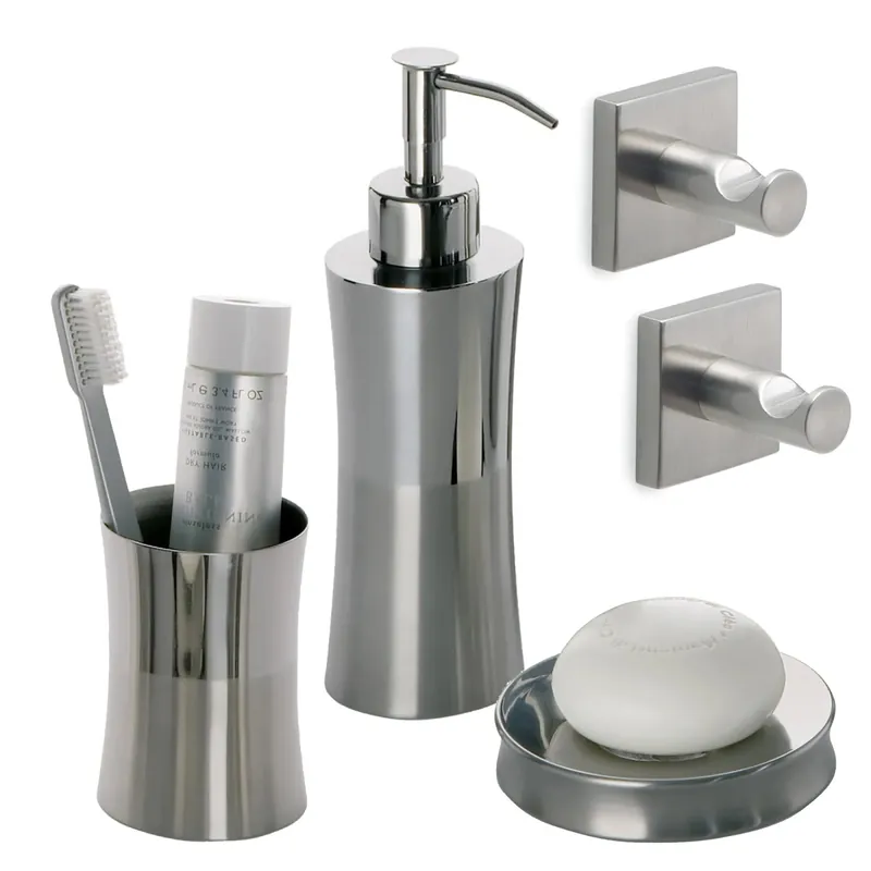 Prezzo Scontato Set Accessori Bagno Inox Spazzolato 5pz FIORE Porta Saponetta, Spazzolini e Dosa Sapone - Eleganza e Funzionalità
