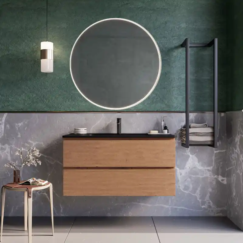 Soddisfatti O Rimborsati Mobile bagno sospeso 80cm Rovere Cartagena lavabo nero opaco specchio ARMONY