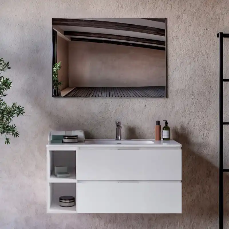 Spedizione Espresso Mobile bagno sospeso bianco porcellana con vani a giorno A SINISTRA 100 120cm ARMONY