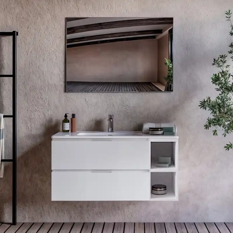 Mobile bagno sospeso bianco porcellana con vani a giorno A DESTRA 100cm 120cm ARMONY Compra Adesso