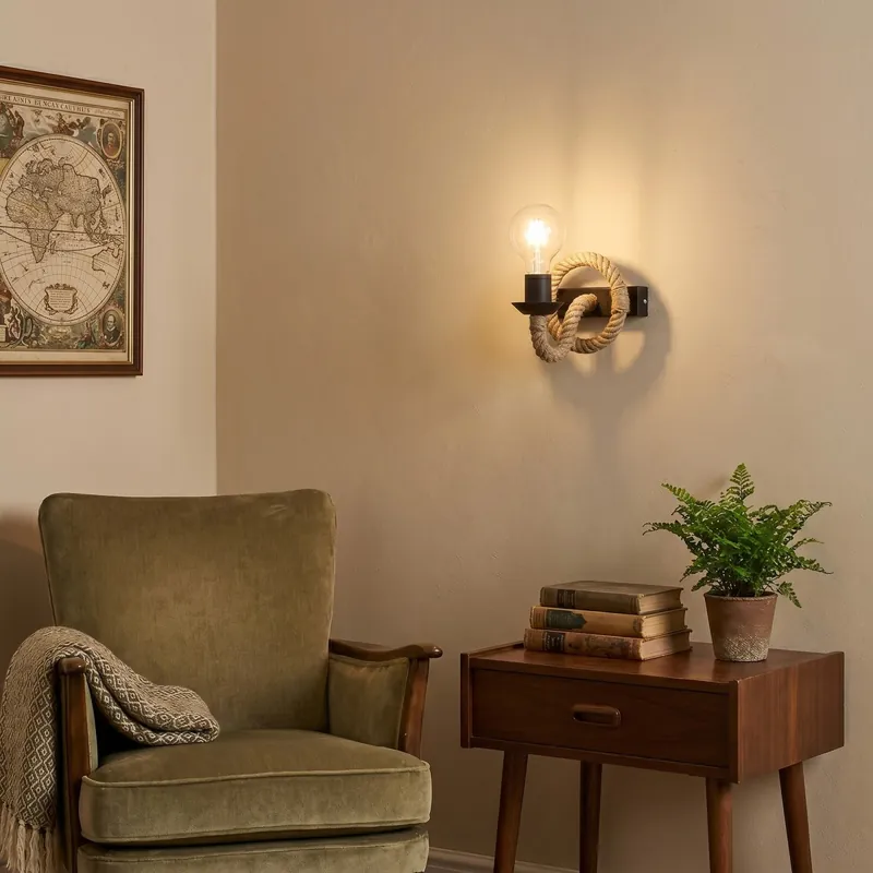 Applique da parete design moderno in metallo nero e corda 1XE27 Offerta Lampo