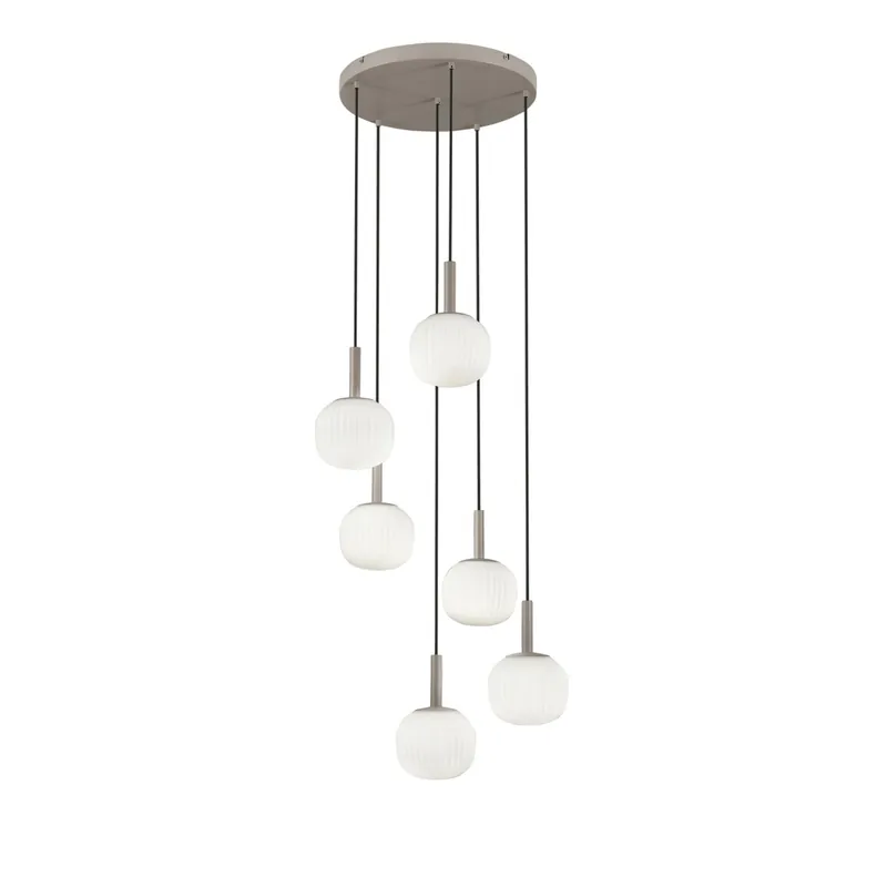 Promozione Esclusiva SOSPENSIONE ERIS BIANCO E MARRONE SEI PENDENTI IN ALLUMINIO+VETRO 6XE14 106X16X150CM