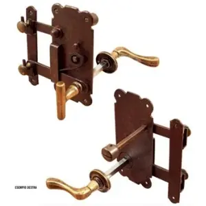 Quantità Limitata Saltarello UTENSIL LEGNO modello FM250 destro per serramento con molla completo maniglia ottone invecchiato e nottolino in ferro ruggine