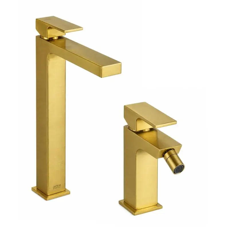 Quantità Limitata Hohes Waschbecken- und Bidetmischer-Set in gebürsteter Goldfarbe Gattoni SQUARE KITSQUARESG2