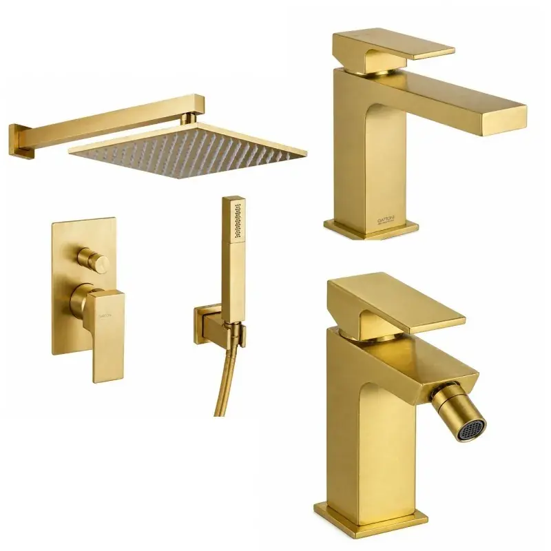 Economico Set of washbasin mixers, bidet and shower kit in brushed gold color Gattoni SQUARE KITSQUARESG4