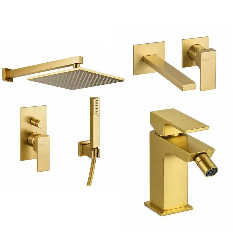 Wandmontierte Spültischmischer, Bidet und Duschset in gebürsteter Goldfarbe Gattoni SQUARE KITSQUARESG6 Di Tendenza
