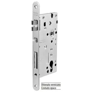 Serratura AGB modello OPERA HOTEL SL destro entrata 70mm frontale 18x238mm bordo tondo, con foro cilindro, antipanico scrocco silenziato, con antieffrazione per porta in acciaio finitura ottonato verniciato Di Tendenza