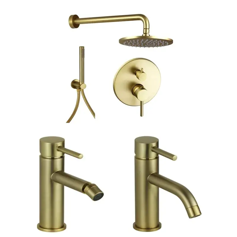 Komplettes Badezimmerpaket in gebürstetem Gold, Duschset und Mischbatterien Pollini Jessy KITJES2OS Ordina Subito