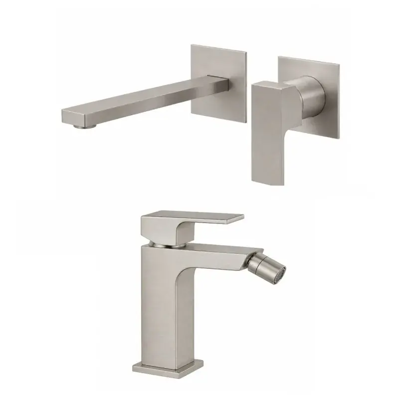Wandwaschbecken und Bidetmischer in gebürsteter Nickelfarbe Gattoni SQUARE KITSQUARENS3 Sconto