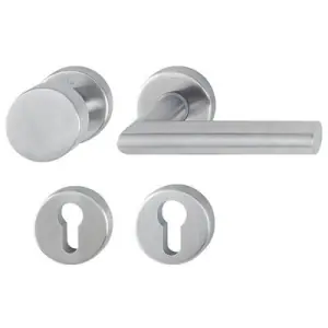 Maniglia HOPPE modello AMSTERDAM per portoncino su rosetta e bocchetta con foro yale e pomolo con viti passanti in acciaio inox satinato Ultimissimo Modello