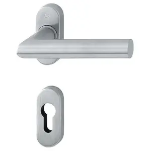 Maniglia HOPPE modello AMSTERDAM per porta interna su rosetta e bocchetta ovale con foro yale in acciaio inox satinato Must-Have