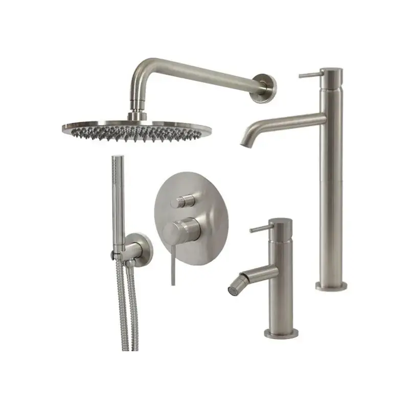 Set miscelatore lavabo alto, miscelatore bidet e kit doccia in colore acciaio spazzolato Gattoni Easy KITEASYNS5 Professionale