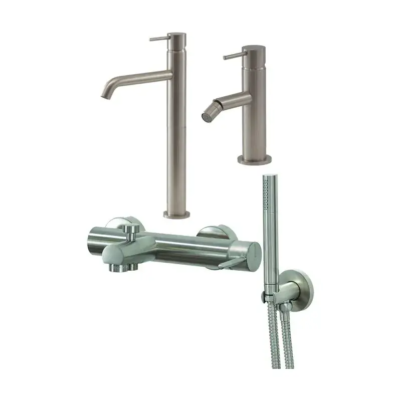 Set miscelatore lavabo alto, miscelatore bidet e kit vasca in colore acciaio spazzolato Gattoni Easy KITEASYNS8 Spedito Oggi