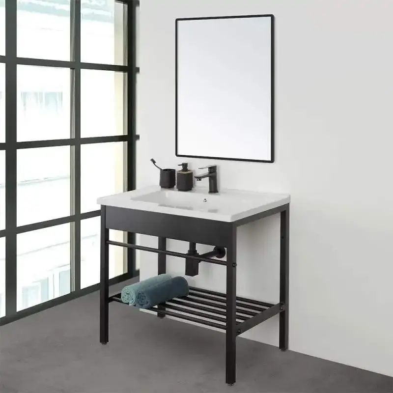 Bestseller Conjunto de lavabo de baño de 60 cm con estructura de metal negro y espejo Feridras Borg 450100