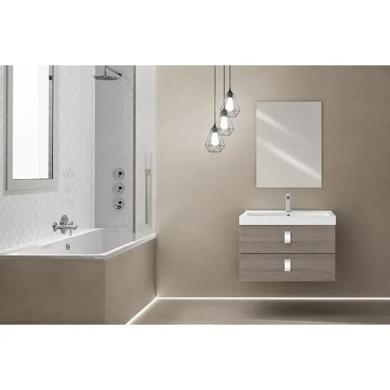 Mueble baño suspendido de 75 x 51 x 47 color roble oscuro con lavabo de cerámica y espejo rectangular Feridras Bravo 75 606060 Più Venduto