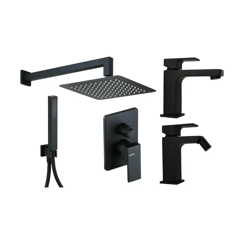 Economico Conjunto mezclador para lavabo, bidé y kit de ducha en negro mate Gattoni SQUARE KITSQUARENO4