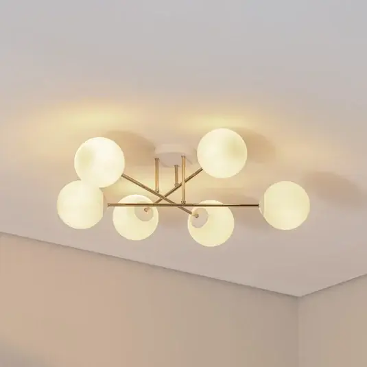 Popolare Plafoniera Glassy, a 6 luci, bianco/oro/opale