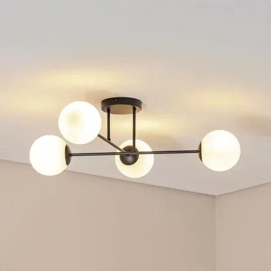 Plafoniera Glassy, a 4 luci, incrociata, nero/opale Must-Have