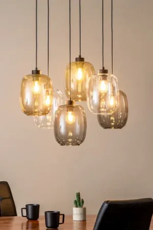 Lampada a sospensione Elio, vetro, marrone/chiaro/grigio, rettangolo a 6 Offerta Speciale