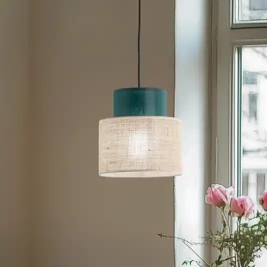Lampada a sospensione Duo, paralume in iuta, marrone petrolio/naturale, Ø Offerta Speciale