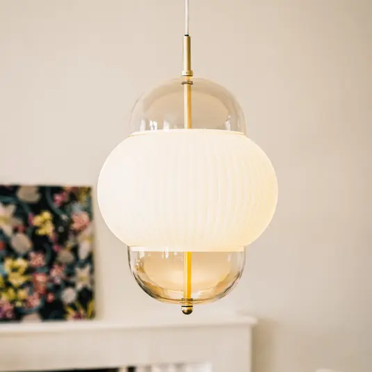Lampada a sospensione Shahin XL, Ø 38 cm, a 5 luci, bianco / trasparente, Promozione Esclusiva