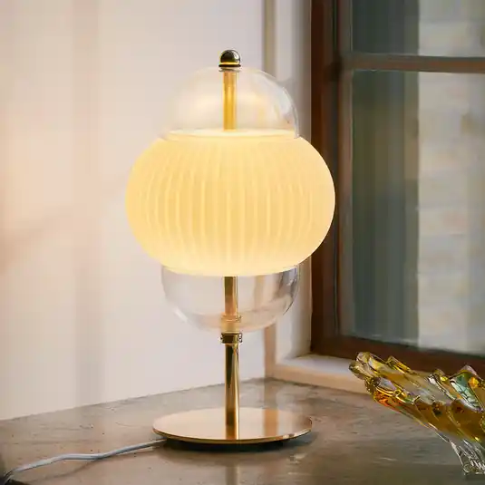 Lampada da tavolo Shahin, a 3 luci, dimmerabile, vetro, altezza 43 cm Esclusivo