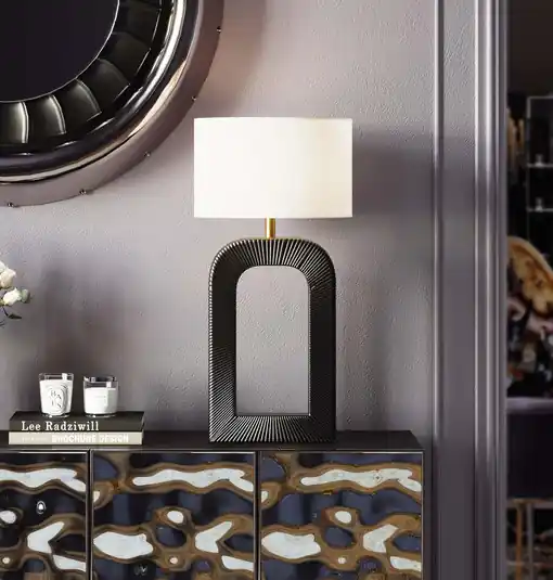 Lampada da tavolo Kare Tube, bianco/nero, tessuto di lino, altezza 79 cm Acquista Ora