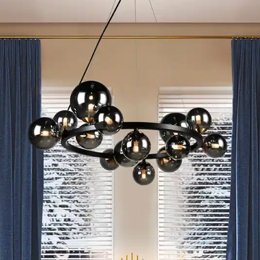 Lampada a sospensione Astros, 14 luci, nero, vetro grigio fumé Nuova Collezione