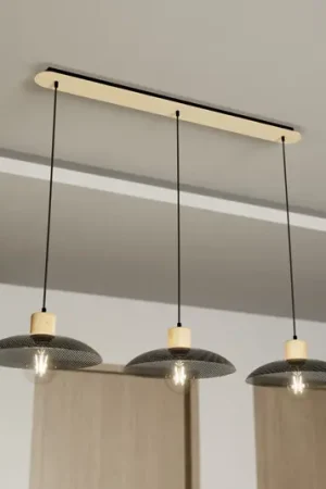 Economico Lampada a sospensione Kobe, 3 luci, acciaio, legno, nero