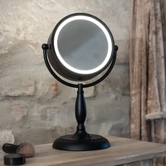 Specchio da tavolo con luce, nero, metallo, altezza 36 cm Vendita Finale