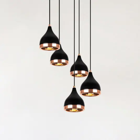 Lampada a sospensione Yildo 7005 nero/rame metallo a 5 luci rotonda Reso Gratuito