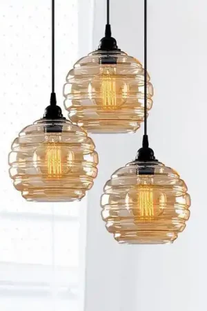 Lampada a sospensione Gold 011, vetro trasparente dorato, rotonda a 3 luci Occasione