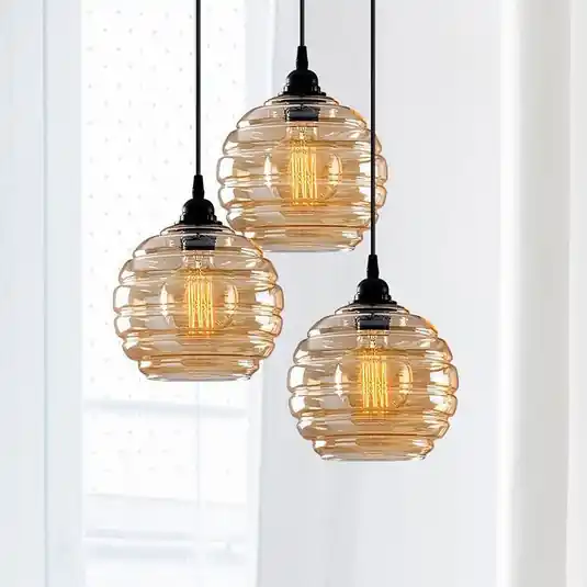Lampada a sospensione Gold 011, vetro trasparente dorato, rotonda a 3 luci Occasione