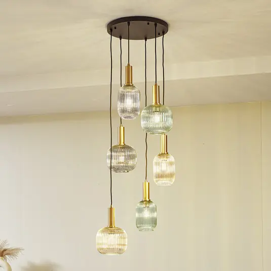 Lampada a sospensione Lindby Doroteo, a 6 luci, verde/ambra/grigio, vetro Acquista Ora