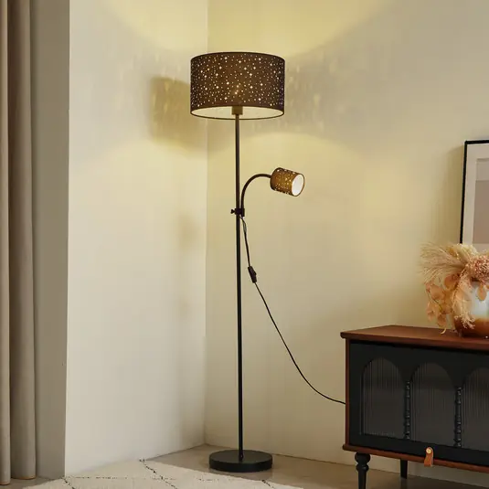 Reso Gratuito Lampada da terra Lindby Melanie, nera, tessuto, Ø 36 cm, a 2 luci.